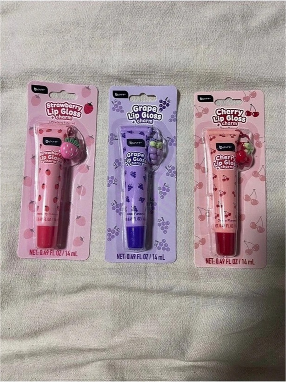 bLip Gloss & Charm Set (Strawberry, Grape, Cherry) Pink & Purple